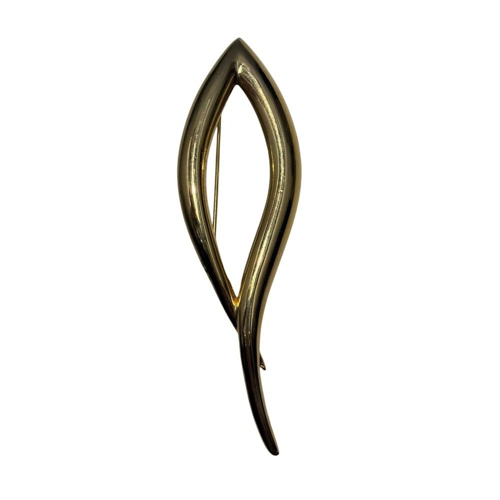 Vintage Gold Tone Elegant Shiny Abstract Feather Leaf Statement Brooch Pin